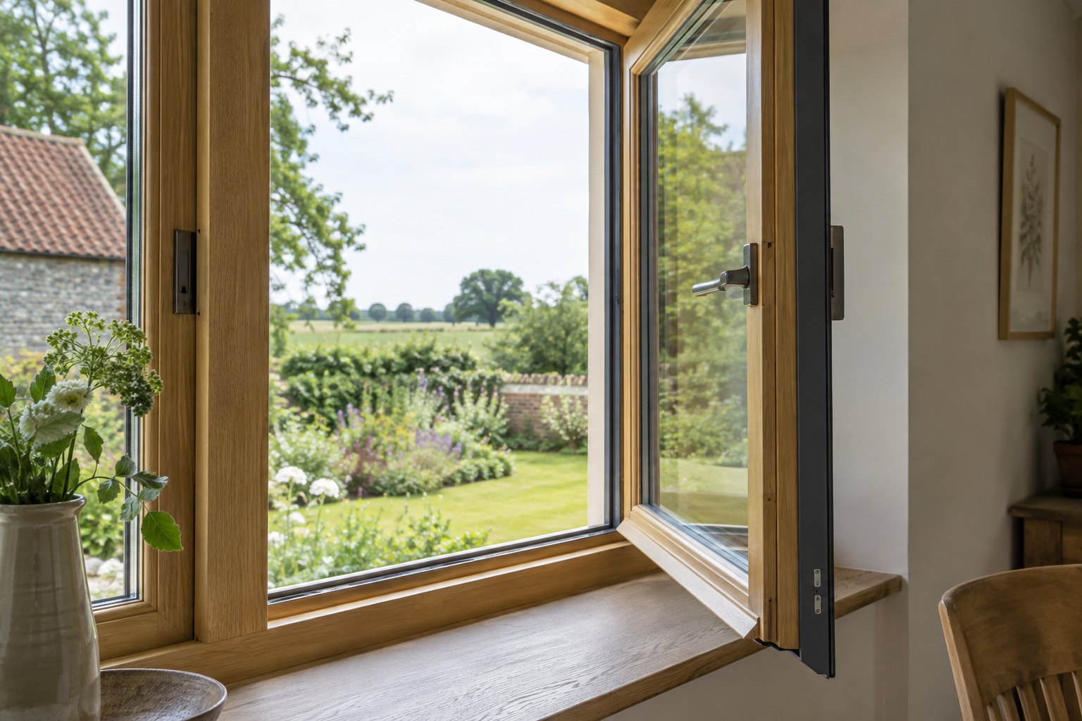 Open timber window showing its natural interior finish and dark exterior aluminium cladding