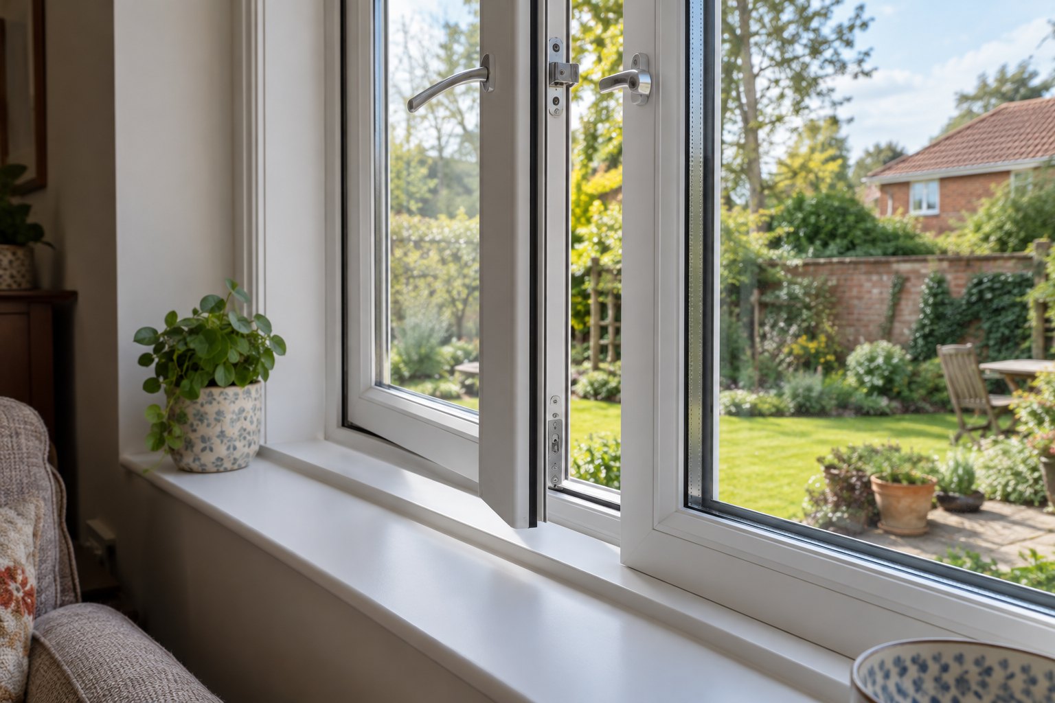 New white casement window with an open sash, finished internal sill and a garden view