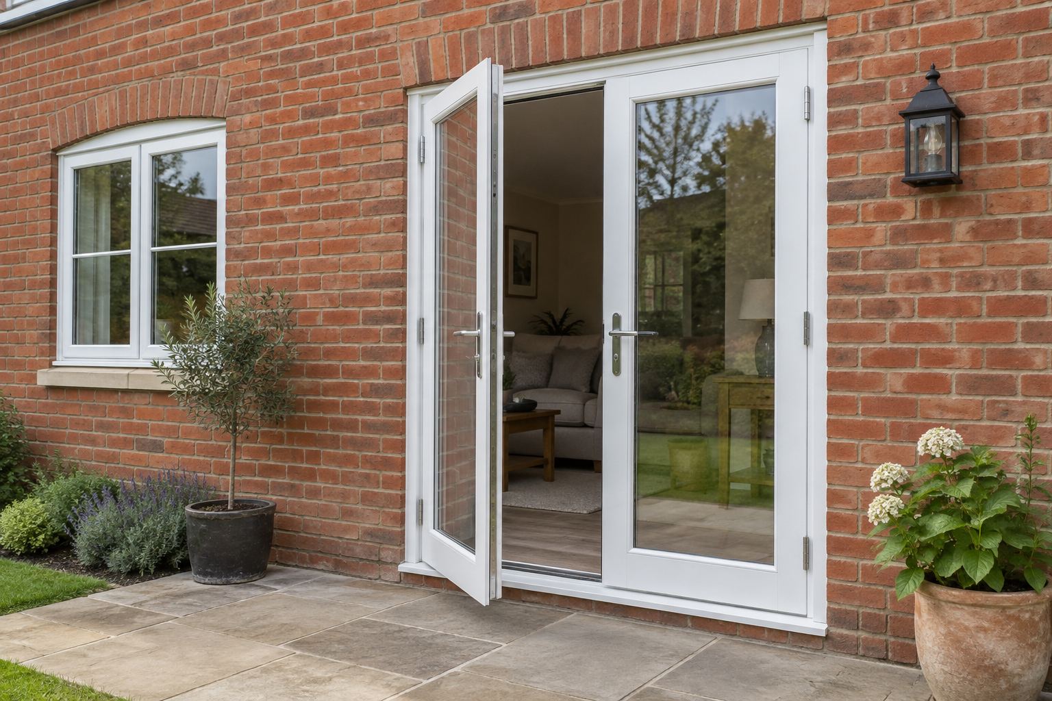 White glazed French doors with one leaf open towards a garden terrace