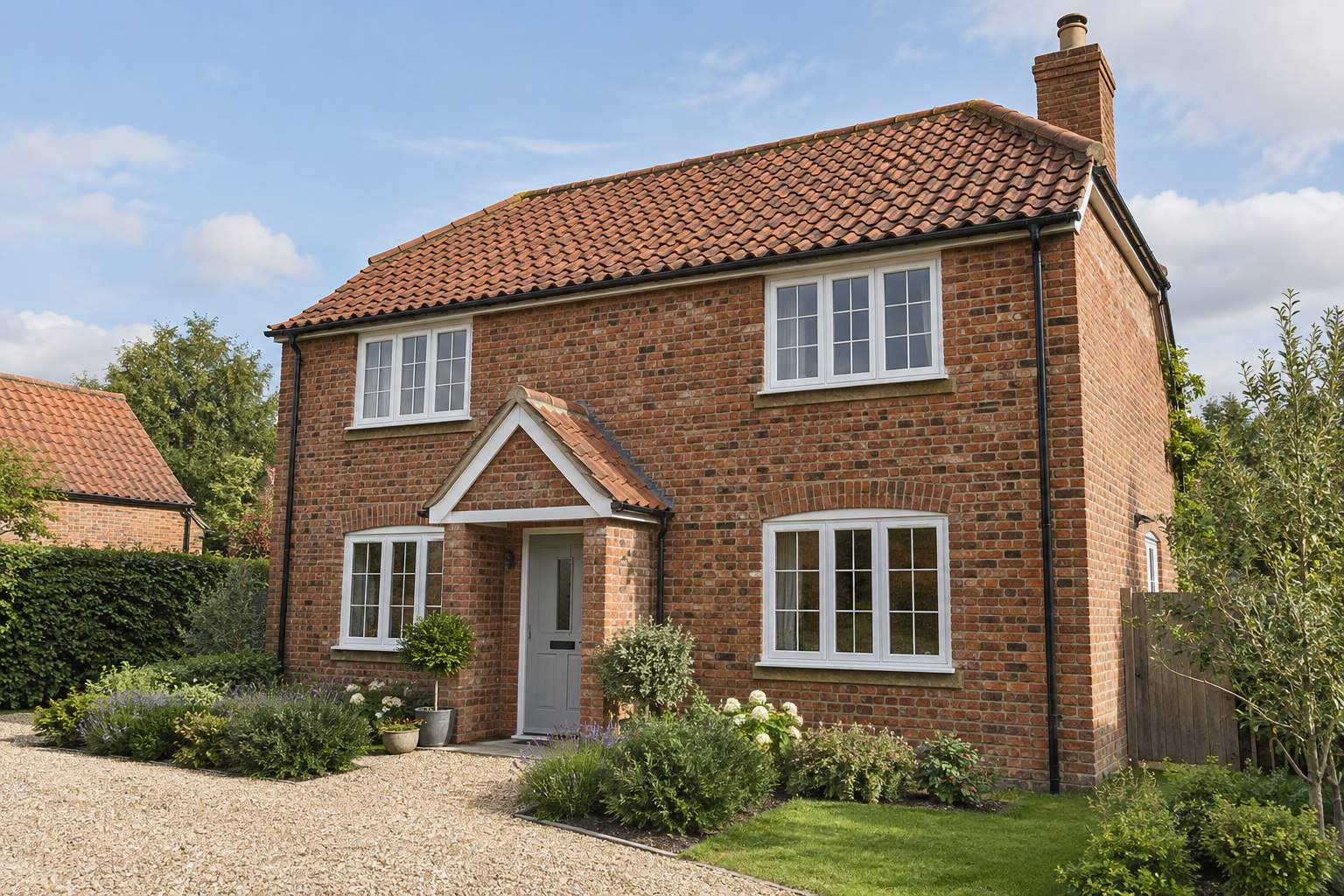 Red-brick house with white casement windows, a pantile roof and a planted front garden