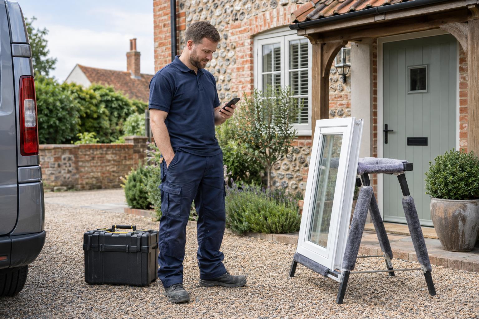 Window installer checking a mobile phone beside a tool case and a supported window frame