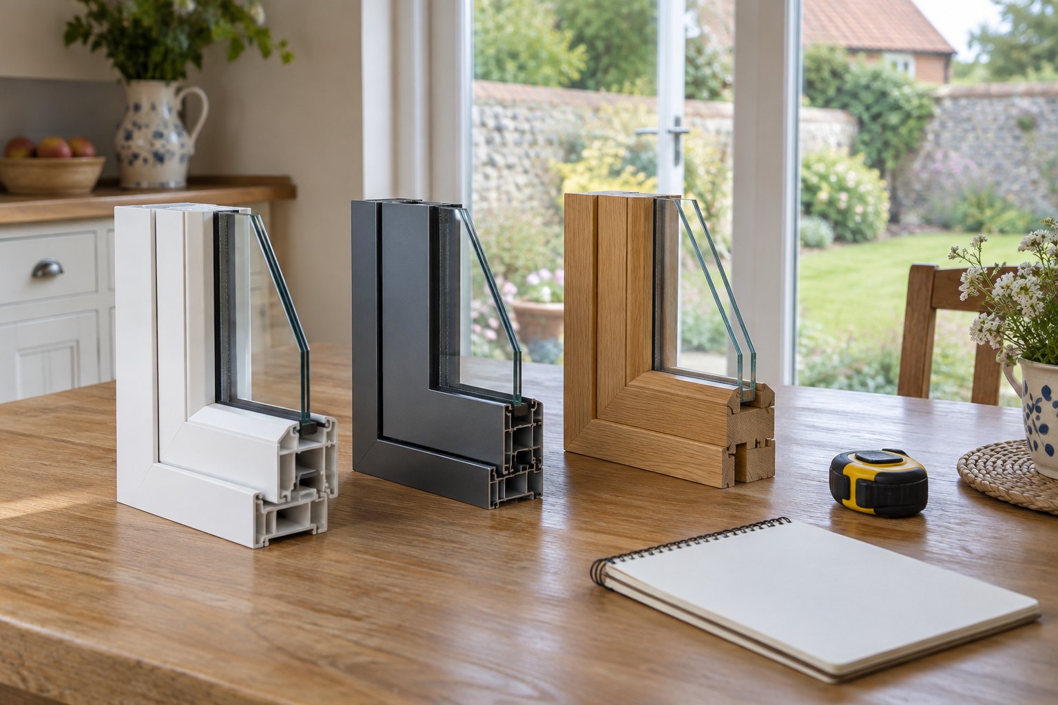 White uPVC, grey aluminium and timber window samples on a kitchen table with a tape measure