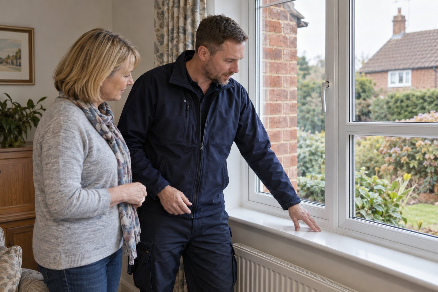 Window surveyor and homeowner discussing a white casement window and its sill