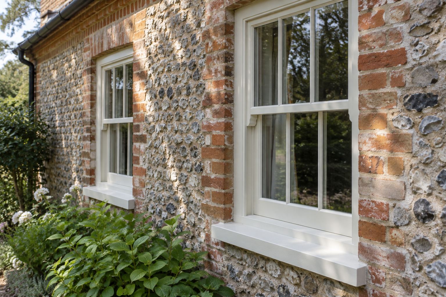 Cream painted timber sash windows in a brick and flint cottage wall