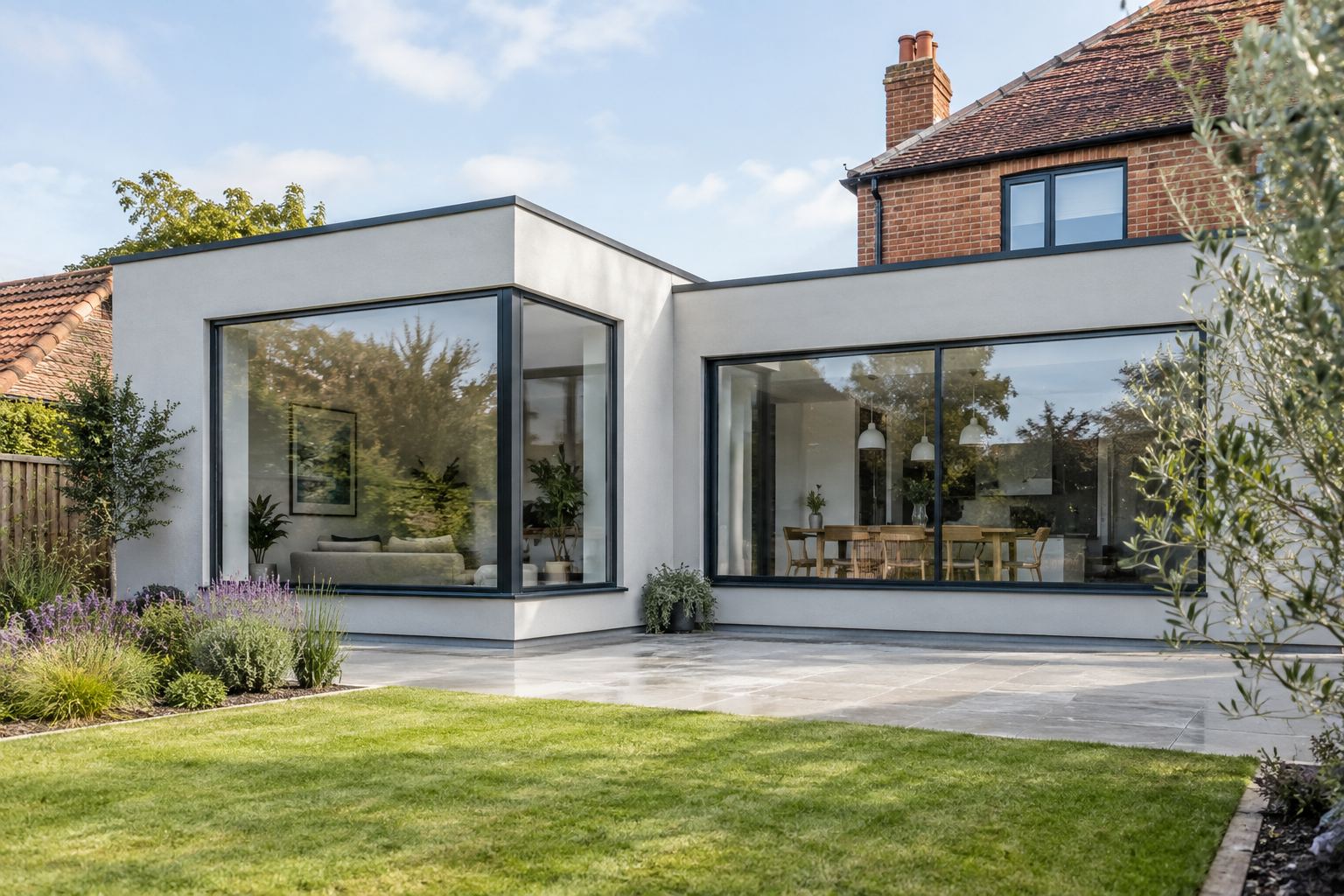 Slim dark grey aluminium windows around a rendered rear extension