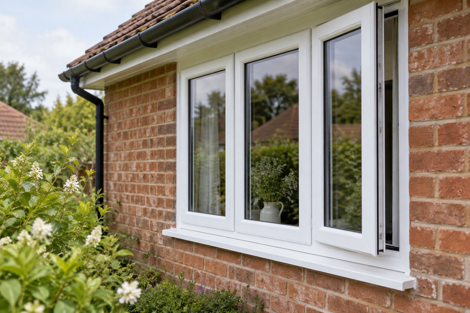 White uPVC casement windows fitted into a red-brick bungalow wall